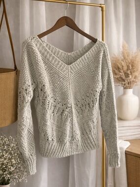 V-Neck Openwork Knit Sweater - Light Sage off the shoulder